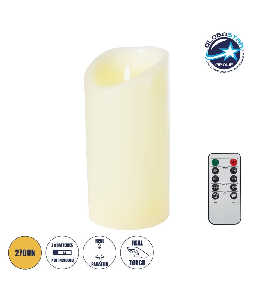 GloboStar® FIREFLAME 79543 Διακοσμητικό Realistic Κερί Παραφίνης με LED Εφέ Κινούμενης Φλόγας - Μπαταρίας & Ασύρματο Χειριστήριο IR Θερμό Λευκό 2700K Dimmable - Φ10 x Υ20cm